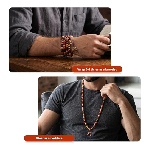 Nupuyai Natural Wood Wrap Bracelet for Women and Men, 108 Prayer Mala Beads Tibetan Necklace for Unisex Elastic Meditation Yoga Jewelry