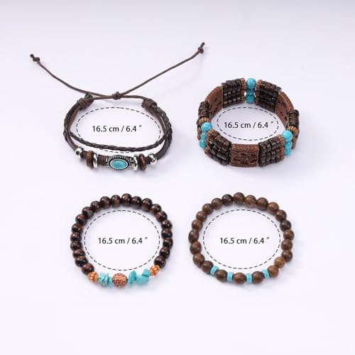 MILAKOO Mens Beaded Bracelets Tribal Wooden Elastic Adjustable Prayer Beads Wrap Cuff for Women - color: H: 4pcs