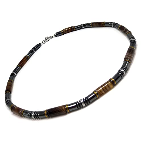 Healing Stress Anxiety Meditation Grounding Energy Gemstone Necklace Series - color: Brown Agate & Hematite -6 mm- Stone Tube Beads