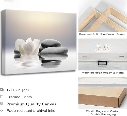 Zen Canvas Wall Art white Lotus Flowers and Black Massage Stones Spa Picture Wall Decor Poster Print Suitable for Yoga Meditation Room Bathroom Bedroom Study Home Decoration - size: 24"L x 16"W