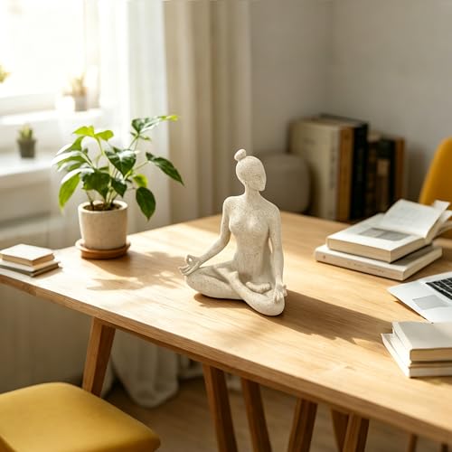 SIMON'S SHOP Yoga Statues, Yoga Lady Sculpture, Beige Meditation Yoga Figurines for Shelf Table Mantel Decor, Decorative Pieces for Zen Garden Yoga Studio, 9.5 inch Tall