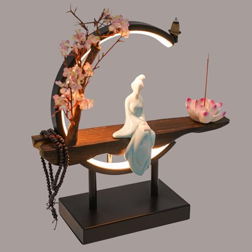Incense Holder for Sticks, Tabletop Decor with LED Light Ceramic Tabletop Incense Burner Indoor Zen Relaxation for Office, Living Room, Bedroom