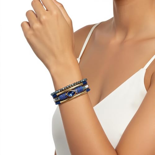 Edoneery Leather Wrap Bracelet for Women, Boho Handmade Multi-Layer Cuff with Crystal Beads Heart, Stackable Bangle Western Jewelry Gift - style: Crystal(Blue)