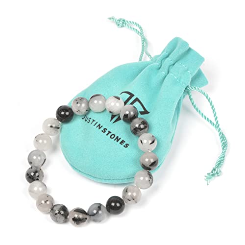 Justinstones Gem Semi Precious Gemstone 10mm Round Beads Stretch Bracelet 7 Inch Unisex - color: Black Tourmaline Rutilated Quartz
