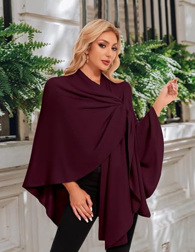 PULI Womens Elegant Cross Front Shawl Wraps Knitted Ponchos Cape Light Weight Poncho Sweater Soft Warm Travel Wraps - color: Burgundy