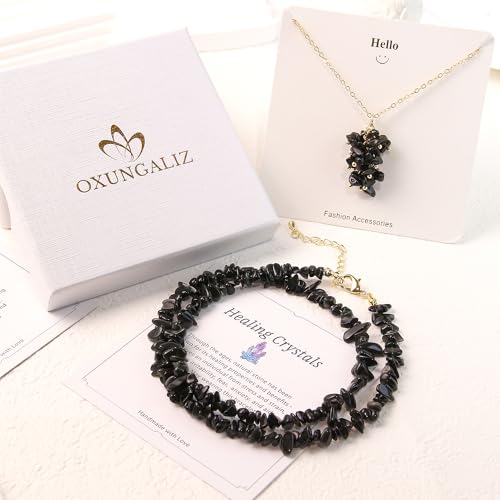2Pcs Crystal Necklace for Women Handmade Choker Necklaces Pendant Necklace Natural Stone Gemstone Beaded Necklace 18k Gold Plated Adjustable Dainty Necklace for Women - color: Black Tourmaline