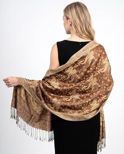 Achillea Reversible Paisley Pashmina Rave Scarf – Exotic Indian Shawls and Wraps for Evening Dresses, Festivals, All Seasons - color: Brown