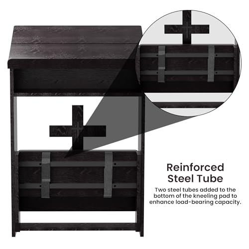 Foldable Prayer Kneeler, Wooden Prayer Bench with Storage Shelf, Cushion Pad, Rounded Corner Bookend and Customizable Cross Decoration, Reinforced Steel Tube Base Design (Dark Brown)