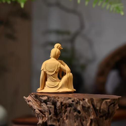 Hand-Carved Boxwood Avalokitesvara Figurine, Zen Buddhist Home Decor, Meditation Art for Living Room, Office Desk, or Altar, Natural Wood Craftsmanship