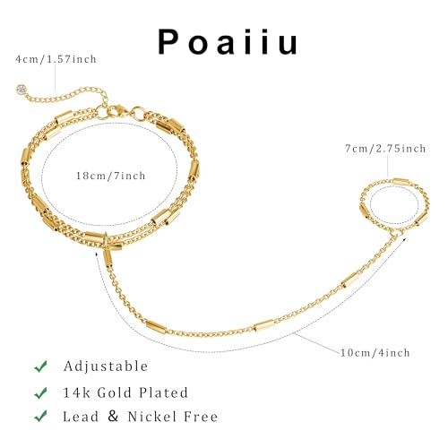 Gold Bracelets for Women, 14K Gold Plated Hand Chain Bracelet for Women Trendy Finger Ring Bracelet Hand Chain Dainty Adjustable Hand Chain Jewelry Gifts for Women - color: layered