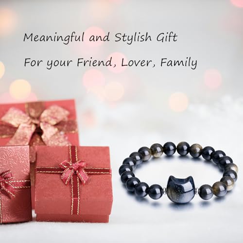 Beaded Bracelets for Women, Black Obsidian Money Attraction Bracelet, 8mm Healing Relax Anxiety Luck Crystal Bead Bracelets, Adjustable Jewelry Feng Shui Stretch Bracelet Cat Lover Gifts for Women Men