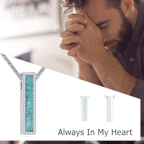 Cremation Urn Necklaces for Ashes Sterling Silver 3D Vertical Bar Memorial Pendant for Loved Ones Keepsake Cremation Jewelry Gifts for Women Men - style: Turquoise-A