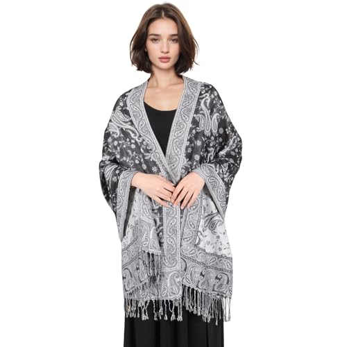 MUQU Women Pashmina Shawls and Wraps Scarf Soft Silky Reversible Paisley Scarves Shawl for Women - color: Black+white