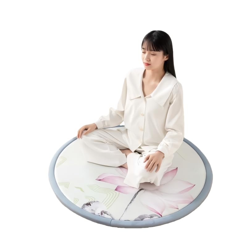 Round Lotus Flower Meditation Mat, Floor Cushion with Gray Border, Oriental Design - size: medium size