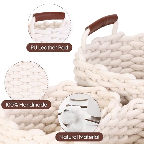 Sea Team 3-Pack Rectangle Woven Cotton Rope Storage Baskets with Handles, Shelf Basket, Closet Organizers, 3-in-1, White