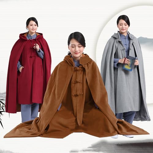 Meditation Buddhist Hooded Cloak Coat,Winter Thickened Plus Velvet Long Monk Monk Master Meditation Cloak Meditation - color: Gray, size: Small