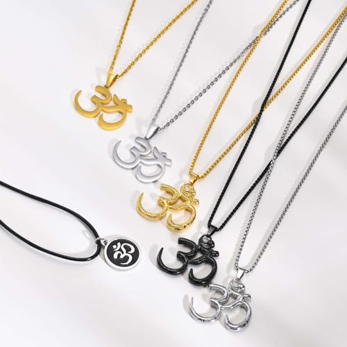 Stainless Steel Om Necklace for Men Women, gold plated/Silver/Black Yoga Charm Pendant Necklaces Aum Om Ohm Sanskrit Symbol Hindu Meditation Chain Necklace,Mens Womens Jewelry Gifts - color: Polished Gold