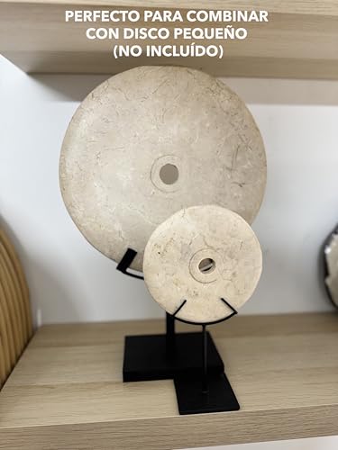 Elegant white decorative stone disc in oriental style, enhanced on a matte black metal base ideal to complement interiors with modern, zen or eclectic styles