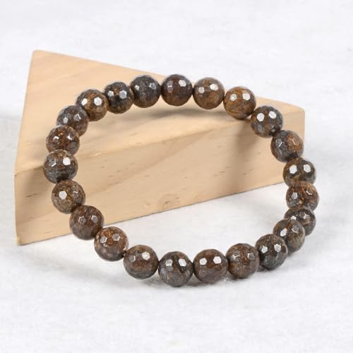 Justinstones Gem Semi Precious Gemstone 8mm Round Beads Stretch Bracelet 7 Inch Unisex - color: Faceted Bronzite