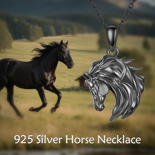 Sterling Silver Cute Animal Pendant Necklace Fox/Snake/Unicorn/Owl on Moon/Rabbit/Horse Necklace Jewelry for Women Mom Sister - style: Black Horse