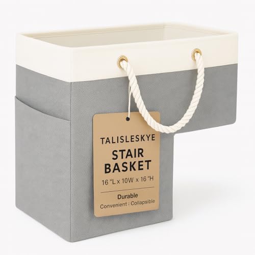 Stair basket,Foldable staircase baskets,Stair basket for wooden and carpeted stairs,Step stairs storage baskets with handle.1pcs - color: grayish white