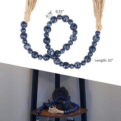 Handcrafted Farmhouse Wooden Decorative Beads Garland, Table Tray Boho Wood Beads with Tassel, Small Rustic Antique Decor for Home and Events (32" Rustic Blue)