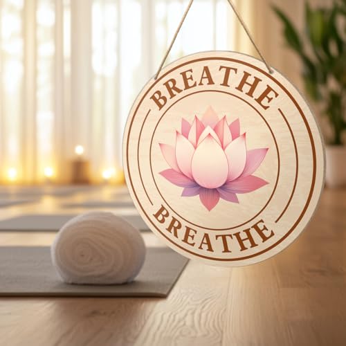Meditation Room Sign Wall Decor, Meditation Lotus Flower Decor for Home Living Room Bedroom, Yoga Studio Spiritual Room Zen Den Hanging Sign Decorations, Gifts for Women Yoga Lover, Breathe