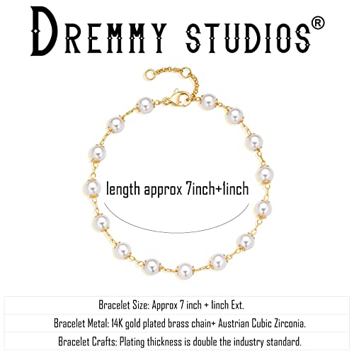 Dremmy Studios Gold Bracelet for Women 18K Gold Plated Dainty Paperclip Cubic Zirconia Disc Coin Star Cable Satellite Bead Pearl Simple Boho Minimalist Stacking Layered Link Jewelry Gift - color: Bead Pearl