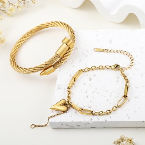 2PCS 18K Gold Plated Nail Bangle & Chain Bracelet Set for Women, Adjustable Stackable Bangle Jewelry, Dainty Gold Bracelet Gift for Women - color: Set J