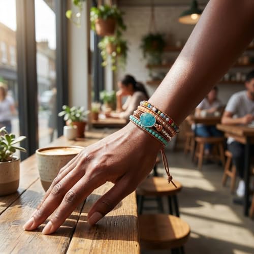 YGLINE Boho Handmade Natural Stone Wrap Bracelets Jasper Crystal Beads Bracelet Jewelry - color: green jasper
