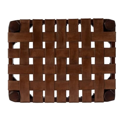 BOWERY HILL Farmhouse Wooden Leather Woven Stool, 18"x13.5"x18", Acacia Wood Frame and Genuine Leather, Brown Finish, Rectangular Design, Durable Seating for Living Room or Bedroom Use