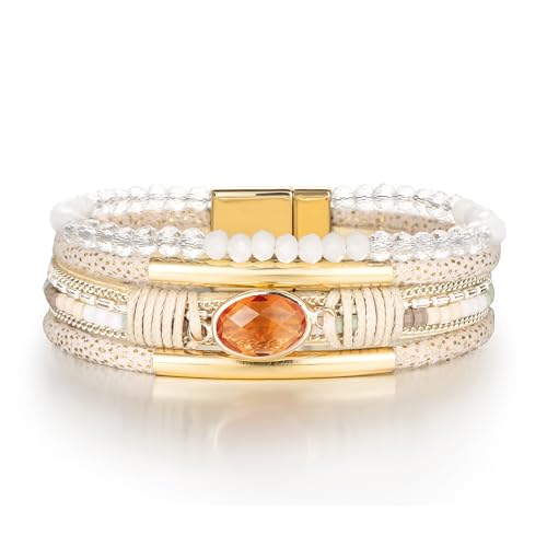 Edoneery Leather Wrap Bracelet for Women, Boho Handmade Multi-Layer Cuff with Crystal Beads Heart, Stackable Bangle Western Jewelry Gift - style: Crystal(Beige)