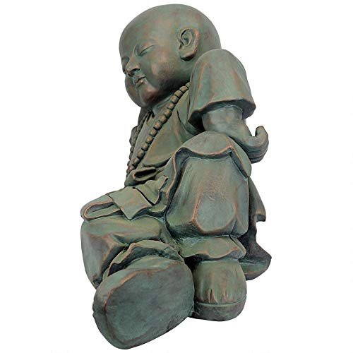 Design Toscano Resting Serene Baby Monk Asian Boy Garden Statue, 24 inches Wide, 12 inches Tall, Cast Stone Resin, Green Bronze Finish