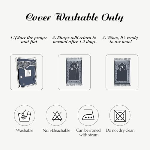 Muslim Prayer Mat 2-in-1 Travel Rug with Removable Washable Cover, Thick Foam Janamaz Sajadah, Minimalist Star & Moon Islamic Design, Non-Slip, 31.5"x47.2" - color: Green