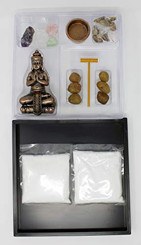 Nature's Mark Mini Zen Garden Kit for Desk with Rake, White Sand, Buddha Figures, Tea-Light Holder Black Square Base, River Rocks and Crystal (9Lx9W B)