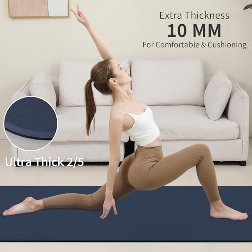 PAIDU Yoga Mat Non Slip Anti-tear,extra thick-2/5 inch(10MM)High Resiliency Professional POE Yoga Mats for Women Men Kids,72"x24"inch,Workout, Yoga, Pilates and Floor Exercise, with Carrier Strap - color: Navy blue & Black