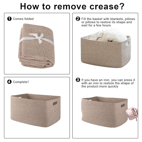OIAHOMY 75L Large Woven Cotton Rope Storage Basket with Handle for Organizing Blanket and Toys for Living Room, Nursery, Brown Variegated 22”x17”x12”
