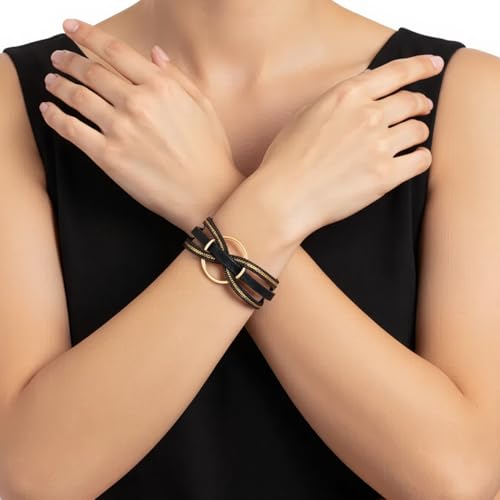 Edoneery Leather Wrap Bracelet for Women, Boho Handmade Multi-Layer Cuff with Crystal Beads Heart, Stackable Bangle Western Jewelry Gift - style: Circle(Black)