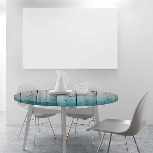Plank Round Table Cloth Rustic Antique Teal Blue Aged Wooden Elastic Edged Table Cover Fade and Stain Resistant Table Cloths Easy to Clean Fits Tables 40-44" Diameter - color: Plank