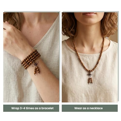 Nupuyai Natural Wood Wrap Bracelet for Women and Men, 108 Prayer Mala Beads Tibetan Necklace for Unisex Elastic Meditation Yoga Jewelry - color: Golden Silk Wood(6mm)