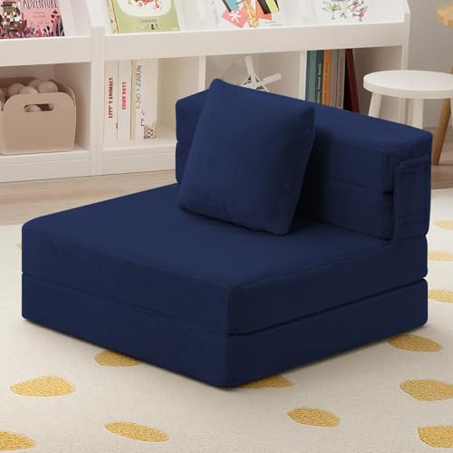 MeMoreCool Foldable Futon Chair Bed for Kids, Toddler Sofa Mattress, Convertible Foam Floor Couch, Tri-fold Sleeping Mattress (Navy) - color: Navy