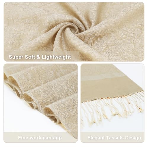 Silky Paisley Pashmina Shawl Scarf-Women's Soft Double-side Jacquard Pashminas Wrap for Evening Dress Travel Shawl - color: A-champagne Gold