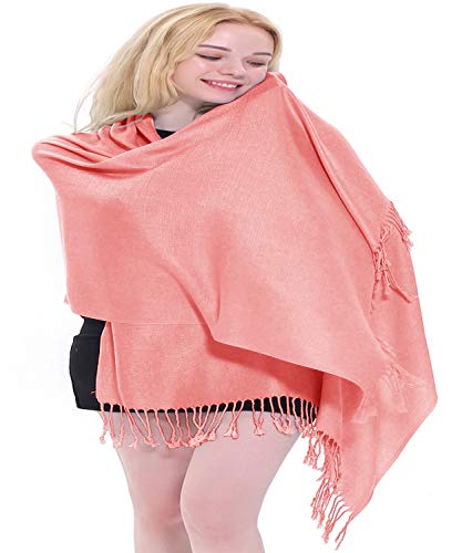 CJ Apparel Solid Color Tassels Design Nepalese Shawl Scarf Wrap Stole Throw Head Wrap Pashmina Gift Hand Made in Nepal New - color: French Rose Pink # 708