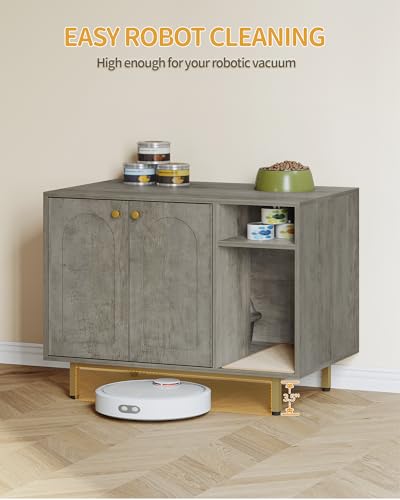 Hzuaneri Cat Litter Box Enclosure Enclosed, Hidden Litter Box Cabinet Furniture with Storage, Wooden Indoor Cat House Large, Modern End Table for Living Room Entryway, Greige and Gold CB01505G - color: Greige and Gold