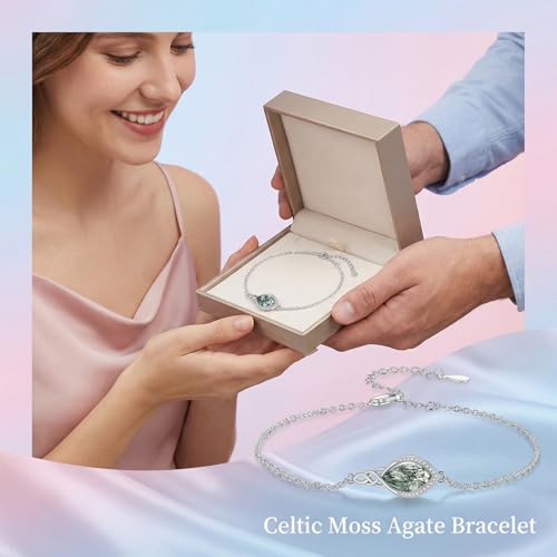 PELOVNY Celtic Knot Bracelet for Women 925 Sterling Silver Infinity Gemstone/Birthstone Bracelets Birthday Christmas Jewelry Gifts for Mom Daughter Wife - color: 03-Moss Agate