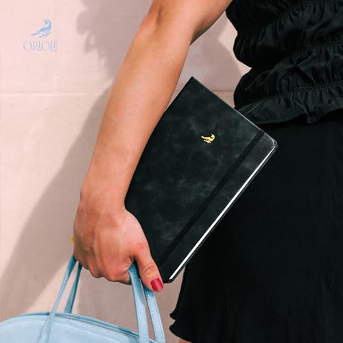Oriole Vegan Leather Ruled Notebook - Black | 176 Pages of Thick Lined Paper | Soft Touch Hardcover Journal (5 x 8 in) with Gold Foil Bird Design & Luxury Gift Box - color: Black