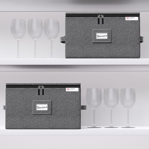Wine Glass Storage Box with Dividers,Hard Shell and Stackable Stemware Storage Containers with Sturdy Handle for Glassware Crystal Storage and Transport,Grey,Holds 12 - style: 1 Pack Wine Glass Storage