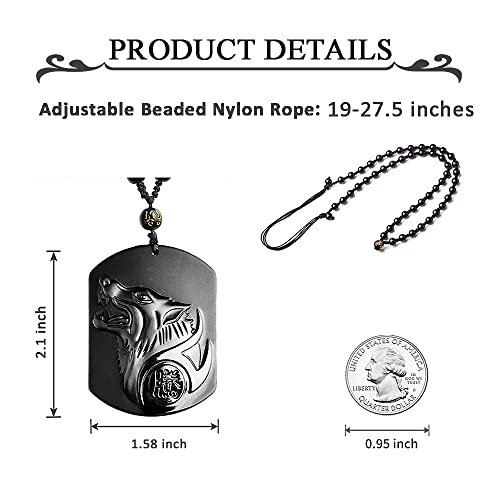 Black Obsidian Necklace Natural Crystal Amulet Protection Pendant with Adjustable Rope Lucky Talisman Necklaces Jewelry Gift for Men Women - color: Wolf