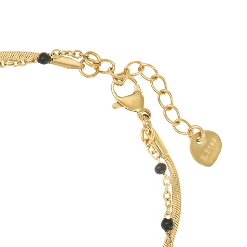 Made by Nami Dainty Gold Link Bracelets for Women Adjustable Double Layered Gold Chain Bracelet with Colorful Beads 7.5" + 2" Chain Extension - color: Black