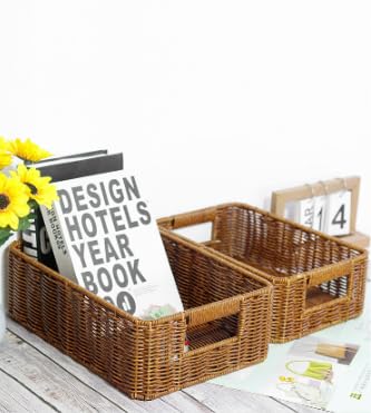 Plastic Storage Baskets for Shelves and Cabinets, Wicker Storage Baskets for Shelves, Pantry Baskets Organization and Storage, Water-Resistant and Durable(Set of 2, Dark Brown)